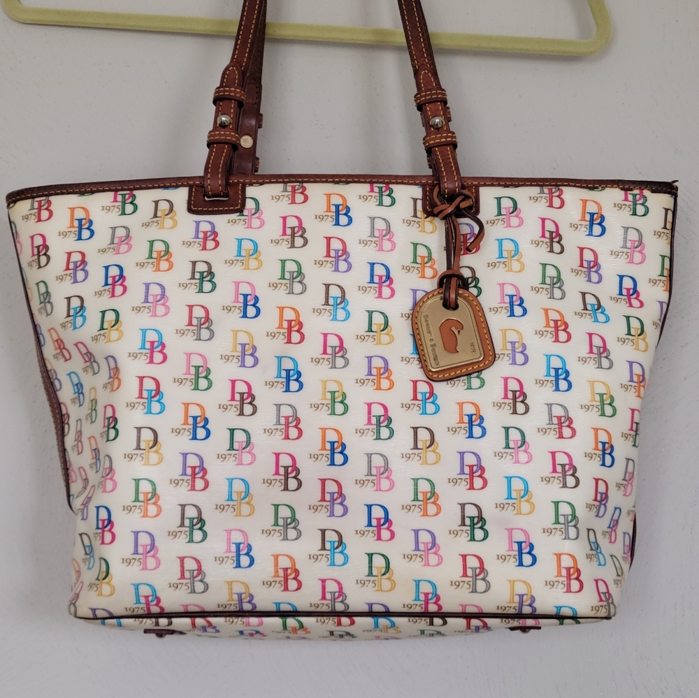 Dooney & Bourke Multicolor Logo Print White Tote with Brown Trim